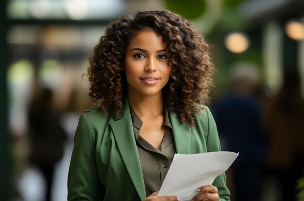 Portrait of a beautiful african american businesswoman holding papers ia generative