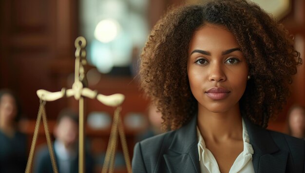 Photo portrait of beautiful african american businesswoman with scales in office