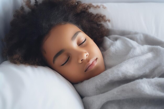 침대에서 자고 있는 아름다운 아프리카계 미국인 소녀의 초상화