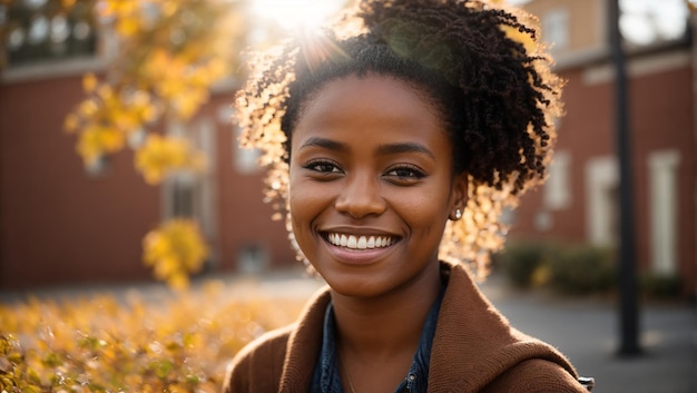 大学のハップを背景にした美しいアフリカ系アメリカ人の女子学生の肖像画