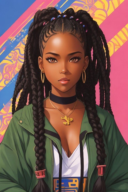 Portrait of a beautiful African American girl with braids in a green jacket