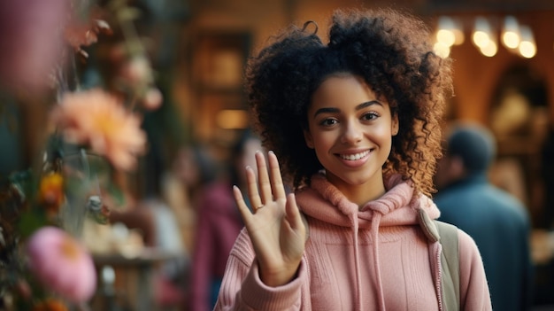 Portrait of beautiful african american teenager girl waving hand in cafe