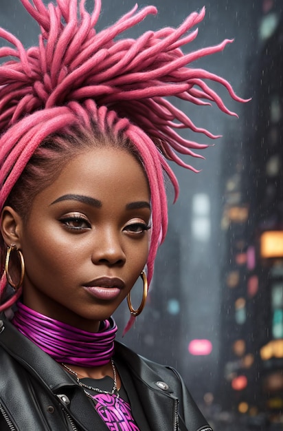 ダウンタウンの雨の中でピンクのドレッドヘアを持つ美しいアフリカ系アメリカ人の肖像画 ジェネレーティブ AI