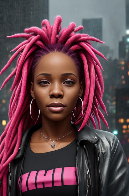 Portrait of beautiful african american with pink dreadlocks in rain in downtown Generative AI