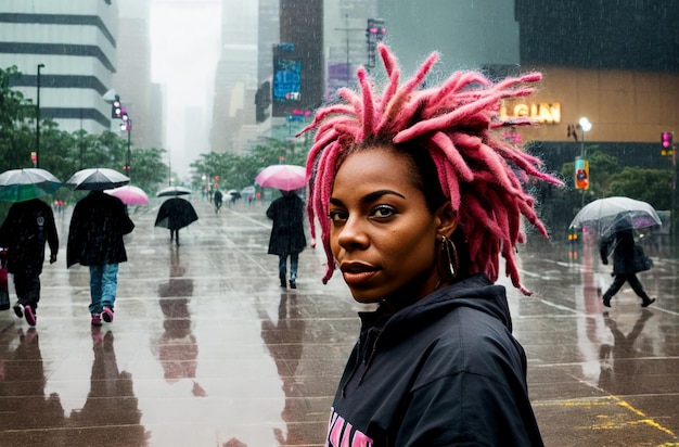 ダウンタウンの雨の中でピンクのドレッドヘアを持つ美しいアフリカ系アメリカ人の肖像画 ジェネレーティブ AI