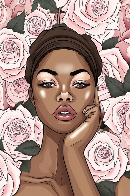 Portrait beautiful African american Woman combined with flowers Poster Cover coloring book