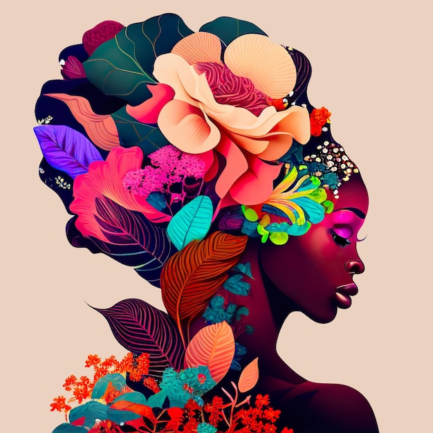 Portrait beautiful African american Woman combined with flowers