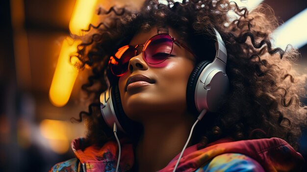 Portrait of a Beautiful African American Woman in Headphones Listening to Music