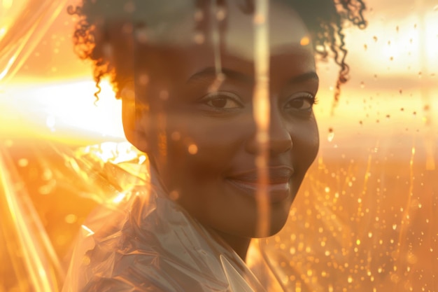 Photo portrait of beautiful african american woman looking through window at sunset