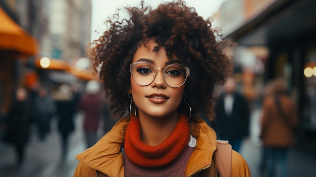 portrait of beautiful african american woman with afro hair in city