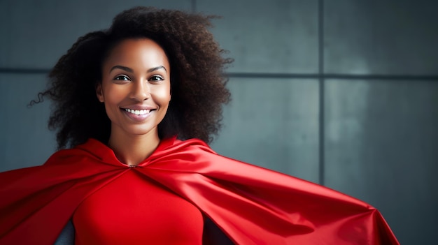 Photo portrait of beautiful african american woman with afro hairstyle wearing red cape