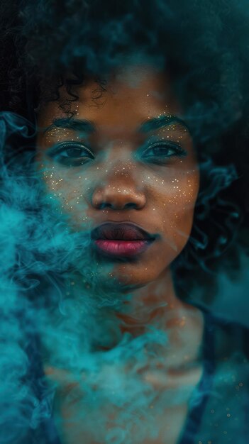 青い煙を持つ美しいアフリカ系アメリカ人の女性の肖像画