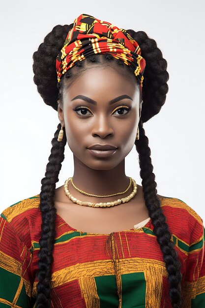 Портрет красивой афроамериканской женщины с плетками в традиционной одежде