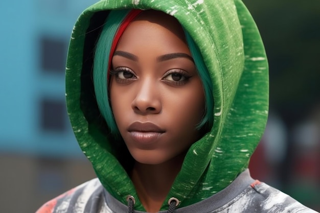 Portrait of beautiful african american woman with green hood on head