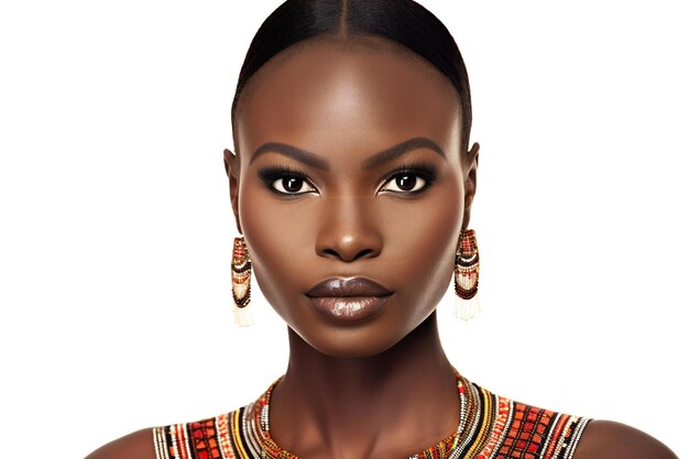 Portrait of beautiful African American woman with jewelry on white background