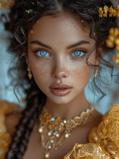 Portrait of a beautiful African girl young black woman beautiful wellgroomed skin national jewelry and blue eyes