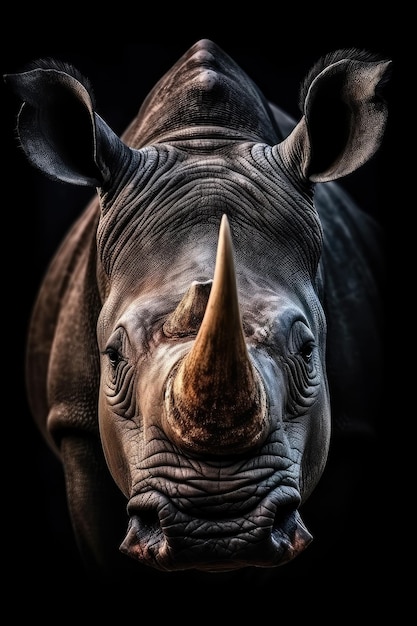 Portrait of a beautiful African Rhinoceros in closeup Macro photography on dark background Generative AI