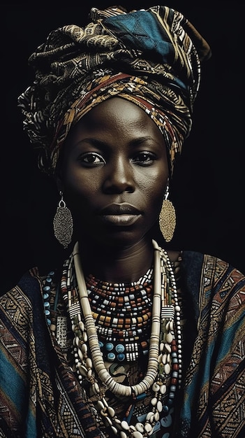 Portrait of a beautiful African woman dressed in typical clothing and jewelry Generated with ai