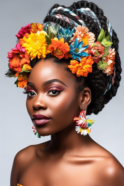 아름다운 아프리카 여성의 초상화, 그녀의 머리카락은 다채로운 꽃으로 장식되어 있습니다.