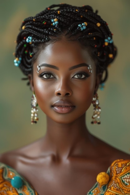 다채로운 보석 을 착용 한 어두운 피부 와 매인 머리카락 을 가진 아름다운 아프리카 여성 의 초상화