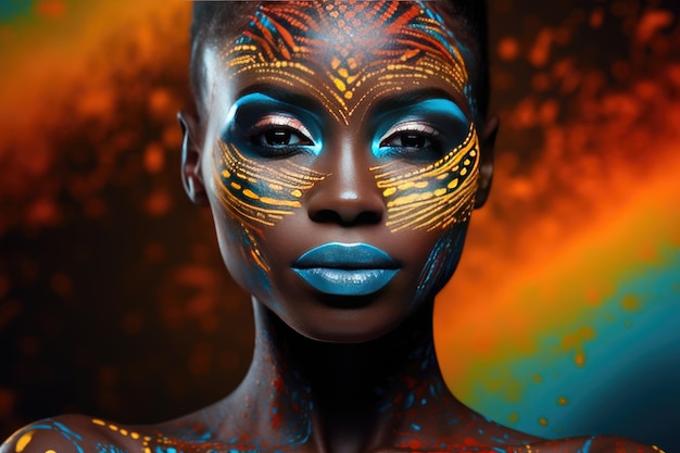 Portrait of a beautiful African woman with unusual body art with black skin and colored eyes and lips on a dark background The concept of hidden feelings and desires Advertising poster Generative AI