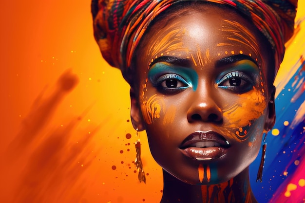 Portrait of a beautiful African woman with unusual body art with black skin and colored eyes and