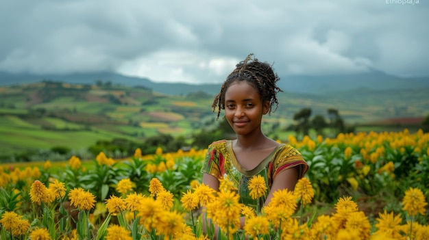 Portrait of a beautiful African woman with yellow flowers in the field in Ethiopia