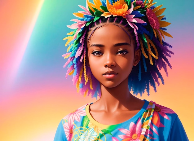 Портрет красивой афроамериканской девушки с цветами на голове Женщина с цветочной аранжировкой на голове Генеративный ИИ
