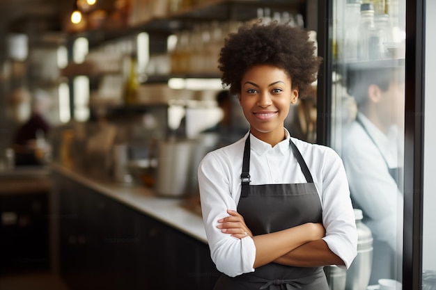 Portrait of a beautiful Afro American female chef manager smiling and posing in restaurant hall