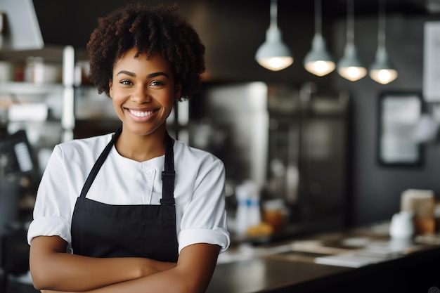 Portrait of a beautiful Afro American female chef manager smiling and posing in restaurant hall