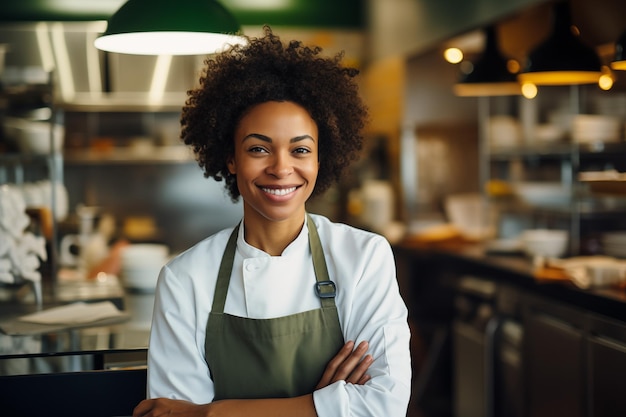 Portrait of a beautiful Afro American female chef manager smiling and posing in restaurant kitchen