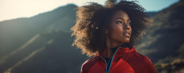 Portrait beautiful Afro American sporty woman training outdoors. Ai generative.