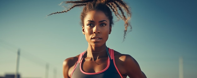 Photo portrait beautiful afro american sporty woman training outdoors. ai generative.
