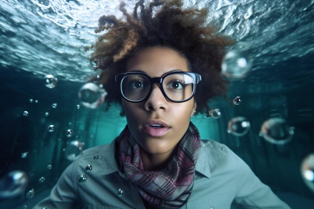 Foto ritratto di una bella donna afroamericana sott'acqua con le bollicine
