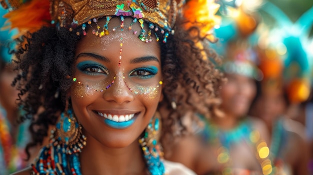 Foto ritratto di una bella donna afroamericana con le labbra blu in costume di carnevale