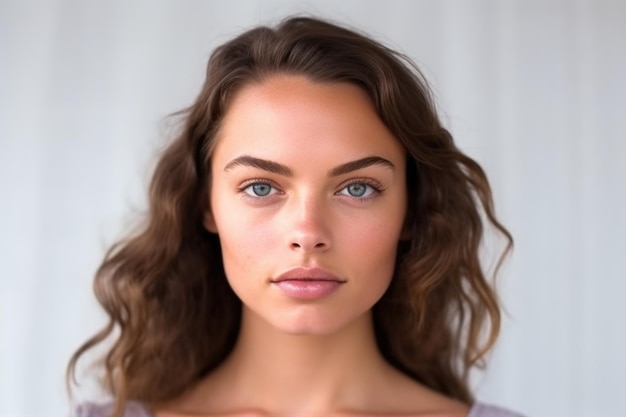 Photo portrait of beautiful american european woman with her smooth skin looking at camera on white