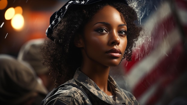 портрет красивой американской женщины с американским флагом в волосах