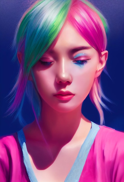 肖像画アバターとコンピューター グラフィックの背景 2 D イラストレーションの美しいアニメの女の子
