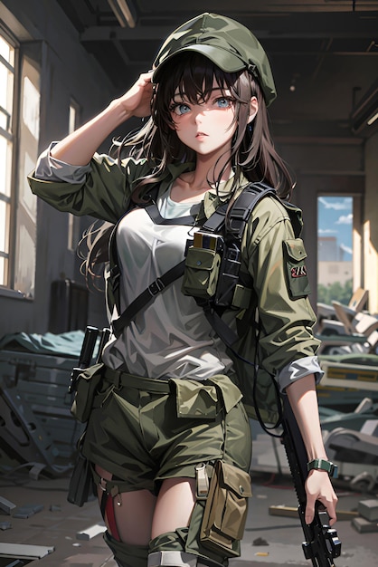 Portrait of a beautiful anime girl in a military uniform in an abandoned building