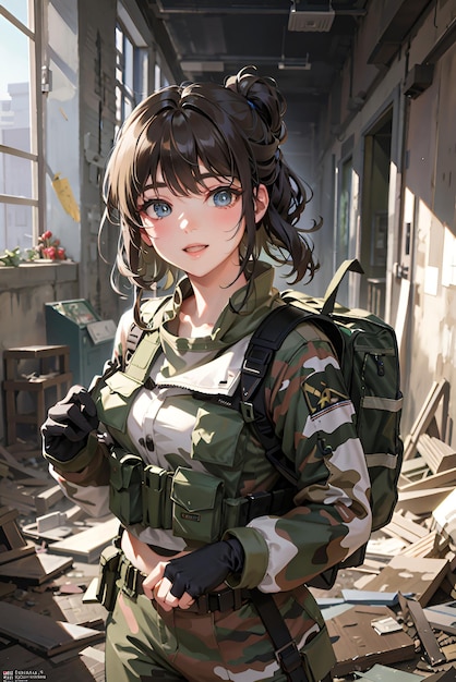 Portrait of a beautiful anime girl in a military uniform in an abandoned building