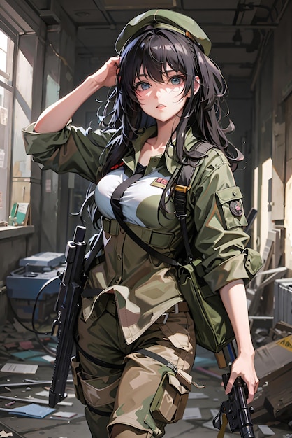 Portrait of a beautiful anime girl in a military uniform in an abandoned building