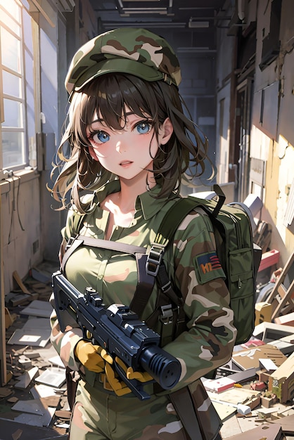 廃墟の建物で機関銃を持った軍服を着た美しいアニメの女の子の肖像画