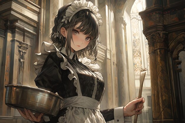 Photo portrait of a beautiful anime womanin medieval dress with a pan in her hands ai generative