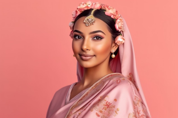 Photo portrait of beautiful arabian woman in headscarf with flowers on pink background generative ai