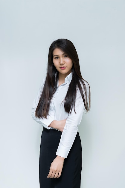 Portrait of beautiful asian business woman wear white shirt on white backgroundThailand people