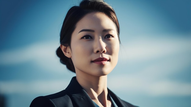 Portrait of a beautiful asian businesswoman against blue sky Generative AI