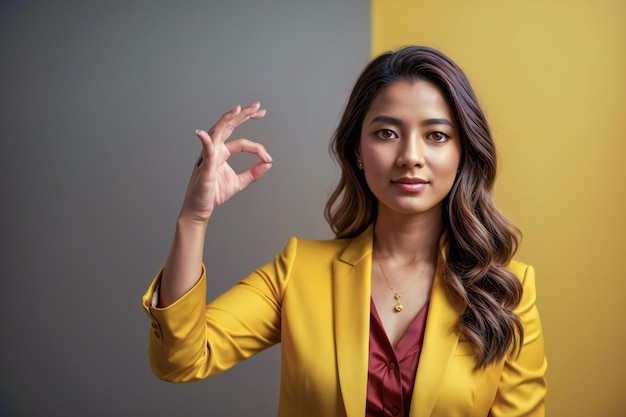 Portrait of beautiful asian businesswoman showing ok sign on grey and yellow background 2