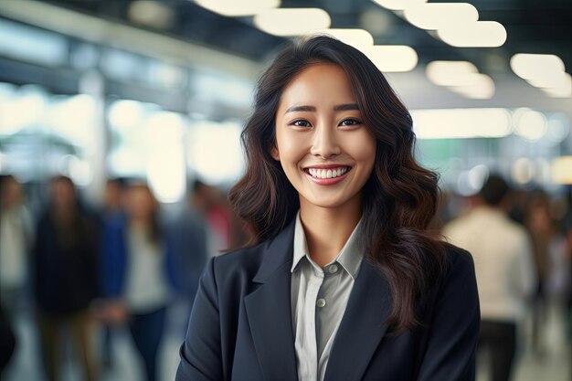 카메라에 미소를 짓고 있는 아름다운 아시아 여성 사업가의 초상화