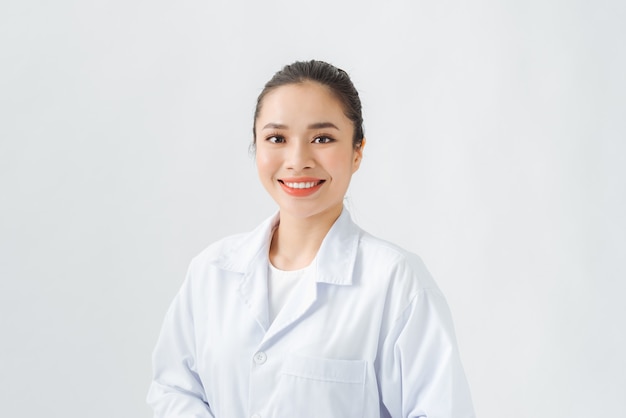 A portrait of beautiful asian doctor on white background