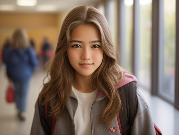 Photo portrait of a beautiful asian girl in red jacket at school generative ai